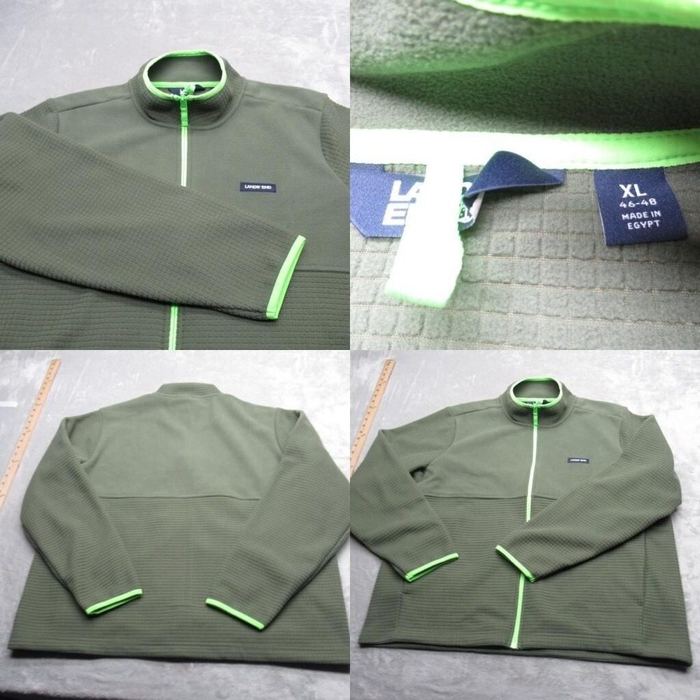 Lands End Jacket Men XL Green Pockets Full Zip Fleece Waffle Knit Soft Hiking